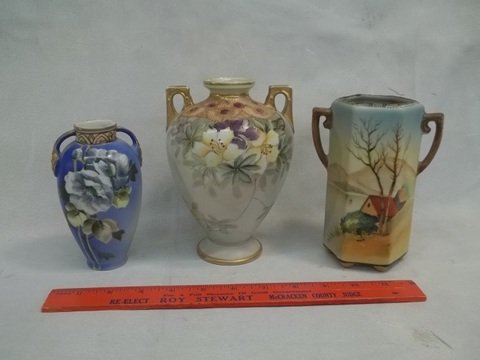 3 Hand Painted Nippon Vase Lot Nice Old Ones: .