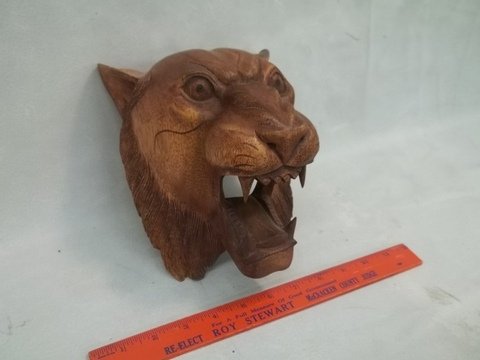 Carved Wood bobcat mask: chipped ear