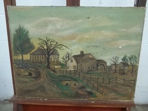 S Hart Old Folk Art painting: with damage 24 x 18