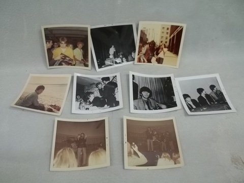 10 Beatles Rollings Stones Candid Fan Photos: Fan-taken photos. Believe all are unpublished, personal photos, although uncertain. Top two Mick Jagger signing autograph in color and bw of him on stage, third photo believe george harrison entering 