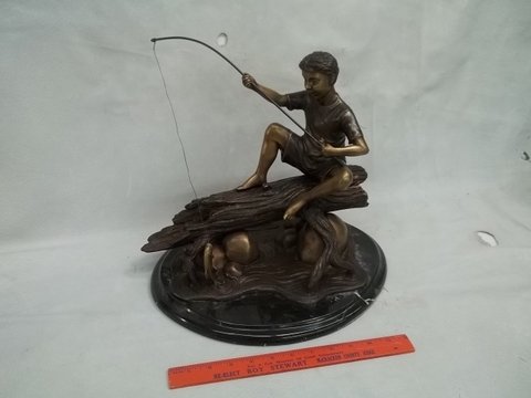 Signed bronze Fishing Boy Statue: with chip on the marble