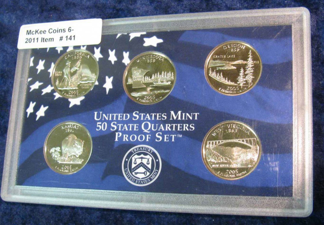 141. 2005 S U.S. Mint 50 State Quarters 5-Piece Pr: 141. 2005 S U.S. Mint 50 State Quarters 5-Piece Proof Set. In original plastic case.