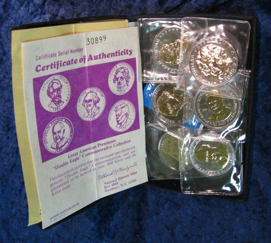 429. Six-Piece Double Eagle Set in velvet-lined ca: 429. Six-Piece Double Eagle Set in velvet-lined case. All are layered in .999 fine Silver & 24K Gold. Includes Ronald Reagan, F.D.R., Kennedy, George Washington, Abraham Lincoln, & Thomas Jefferson.