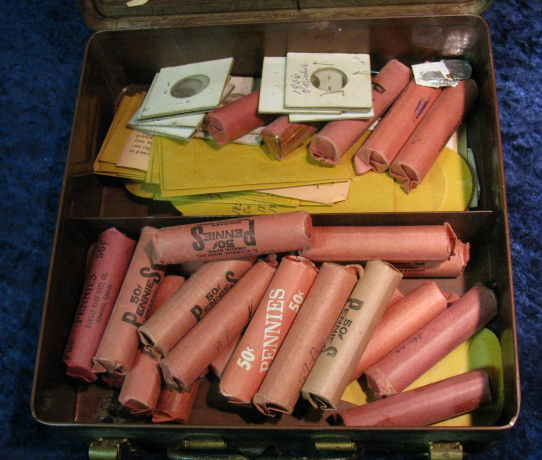 1331. Metal Lock Box with (25) Rolls of Old Wheat: 1331. Metal Lock Box with (25) Rolls of Old Wheat Cents, including some San Francisco mint coins, as well as some old envelopes.