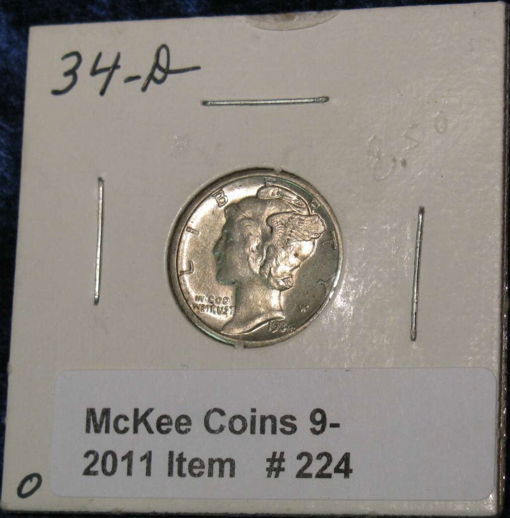 224. 1934 D Mercury Dime. AU 50.: 224. 1934 D Mercury Dime. AU 50.
