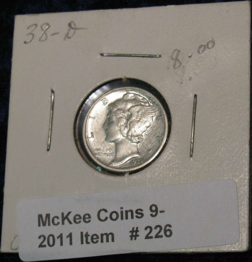 226. 1938 D Mercury Dime. AU 50.: 226. 1938 D Mercury Dime. AU 50.