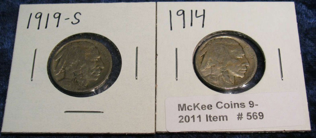 569. 1914 P & 19 S Buffalo Nickels. G-4.: 569. 1914 P & 19 S Buffalo Nickels. G-4.