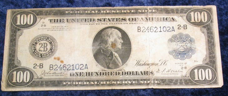 1415. Series 1914 $100 Federal Reserve Note. Signed Bur: 1415. Series 1914 $100 Federal Reserve Note. New York, N.Y. Signed Burke and Houston. VG.