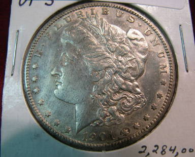 273. 1901 S Morgan Silver Dollar. Cleaned & lightly ret: 273. 1901 S Morgan Silver Dollar. Cleaned & lightly retoned AU.