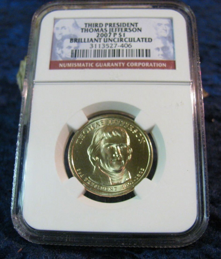 410. 2007 P Thomas Jefferson Dollar. NGC slabbed Brilli: 410. 2007 P Thomas Jefferson Dollar. NGC slabbed Brilliant Uncirculated.