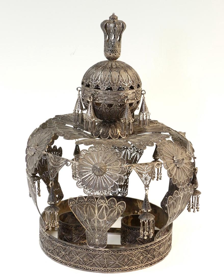 TWO SILVER FILIGREE TORAH CROWNS. Israel, modern. Each (1 of 1)