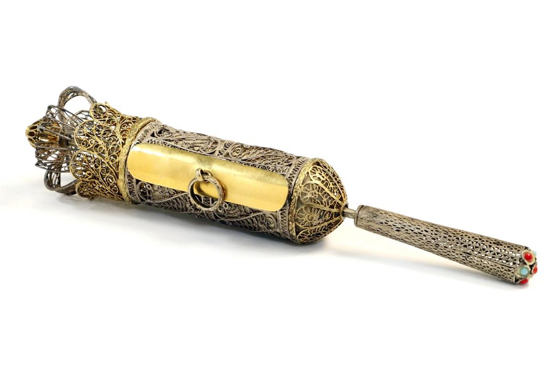 A SILVER FILIGREE MEGILLAH CASE WITH MEGILLAH. Israel,: A SILVER FILIGREE MEGILLAH CASE WITH MEGILLAH. Israel, c. 1960. Crafted in traditional style. 8” tall.