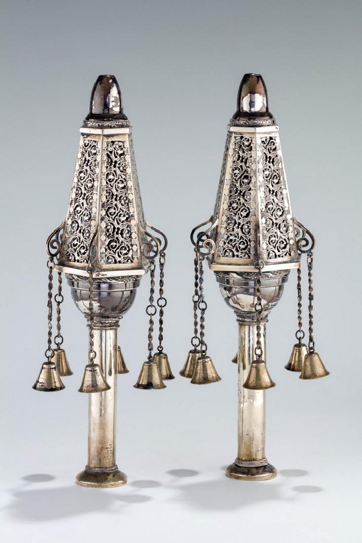 A PAIR OF SILVER TORAH FINIALS. Probably Moroccan, c. (1 of 1)