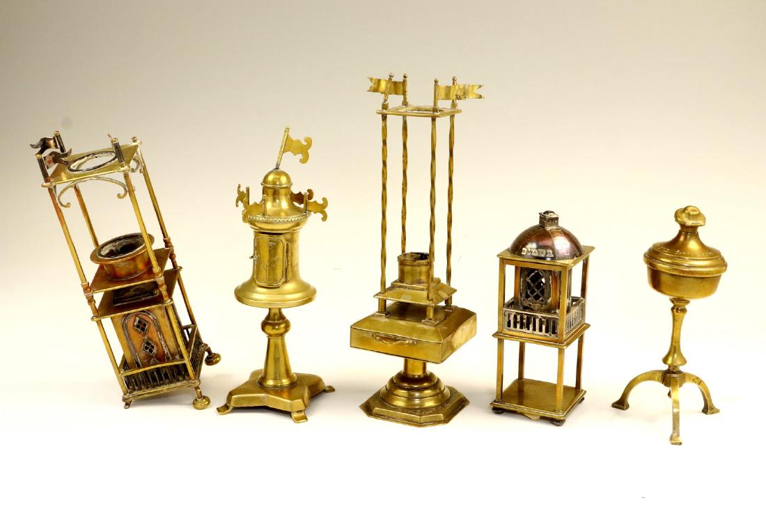 FIVE BRASS HAVDALAH COMPENDIUMS/SPICE BOXES. Various (1 of 1)