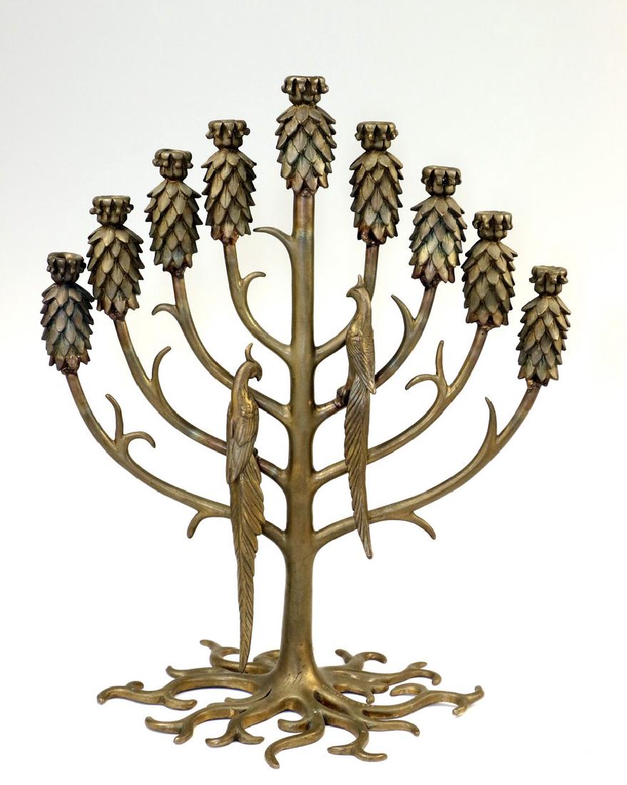 A LARGE BRASS MENORAH BY ERTE. C. 1980. In tree like (1 of 2)