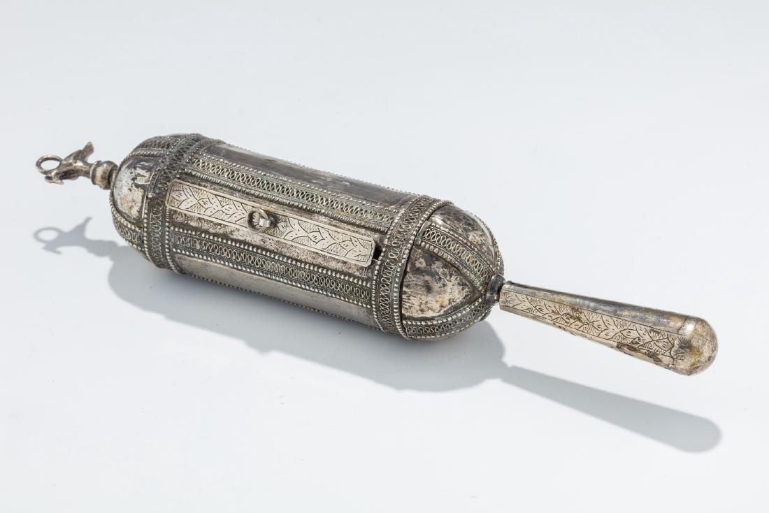 A LARGE SILVER MEGILLAH CASE WITH ORIGINAL MEGILLAH. (1 of 1)