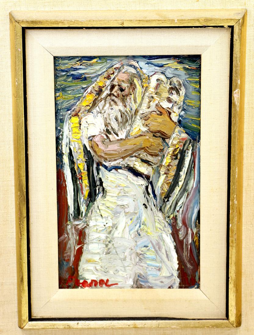 YITZCHAK FRENEL FRENKEL (Odessa, 1899 - Israel, 1981).: YITZCHAK FRENEL FRENKEL (Odessa, 1899 - Israel, 1981). Oil on canvas. Moses with Decalogue. 10” x 6”. Estimate