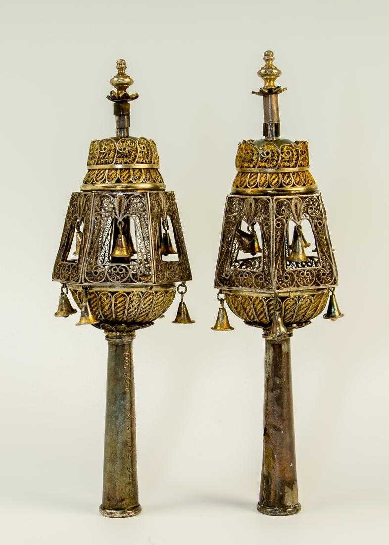 A PAIR OF SILVER TORAH FINIALS. Palestine, 1946. On (1 of 1)