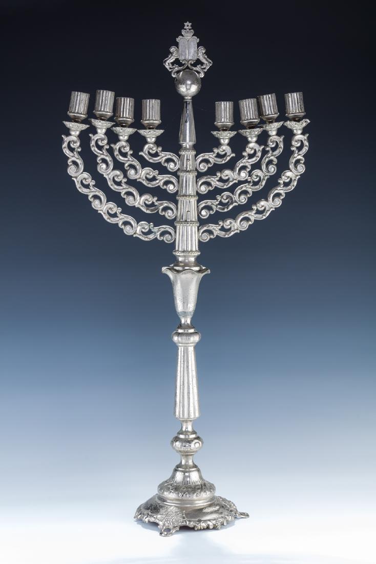 A LARGE SILVER PLATED CHANUKAH MENORAH. Warsaw, c. (1 of 1)