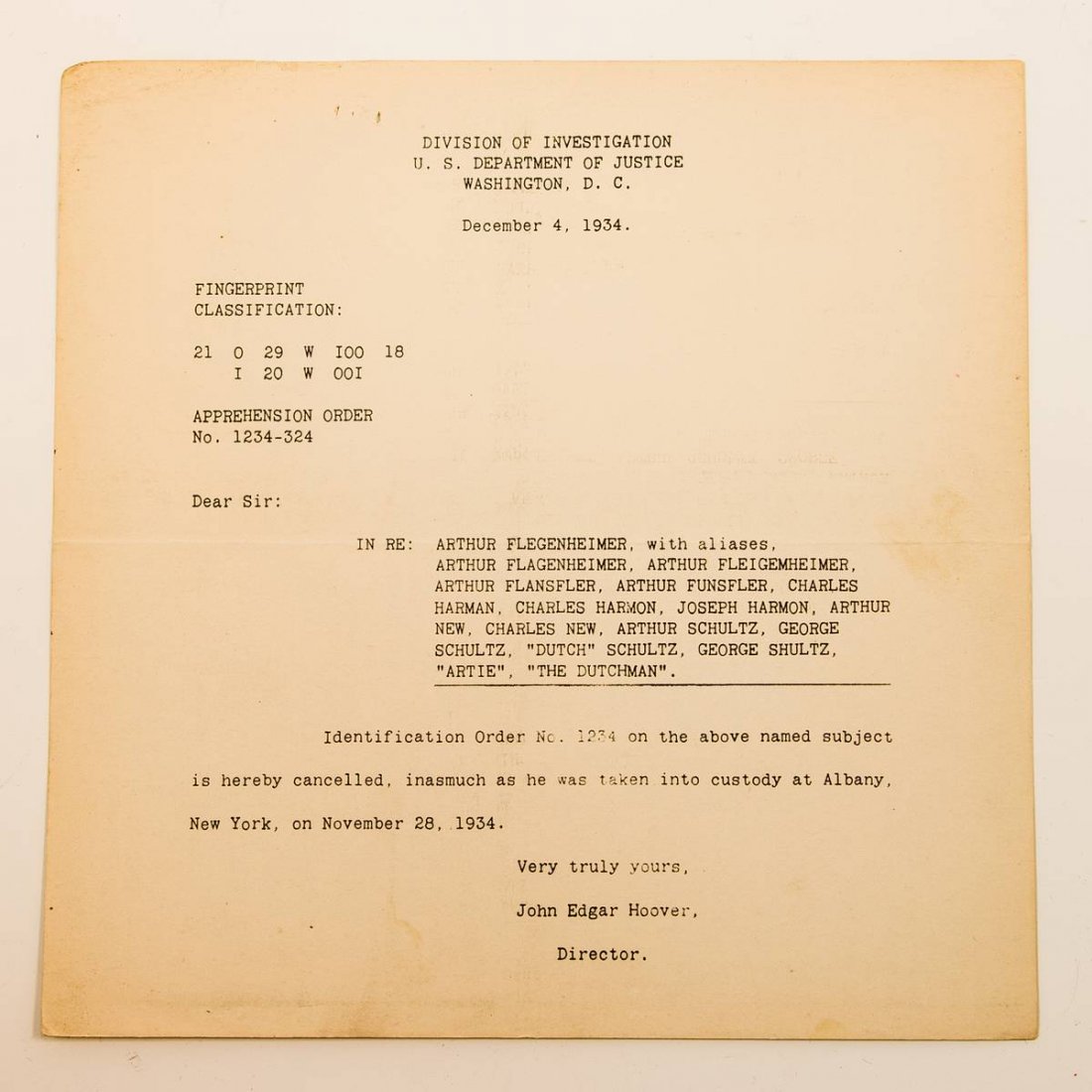 J. EDGAR HOOVER REPORTS THE CAPTURE OF "DUTCH" SCHULTZ. (1 of 1)