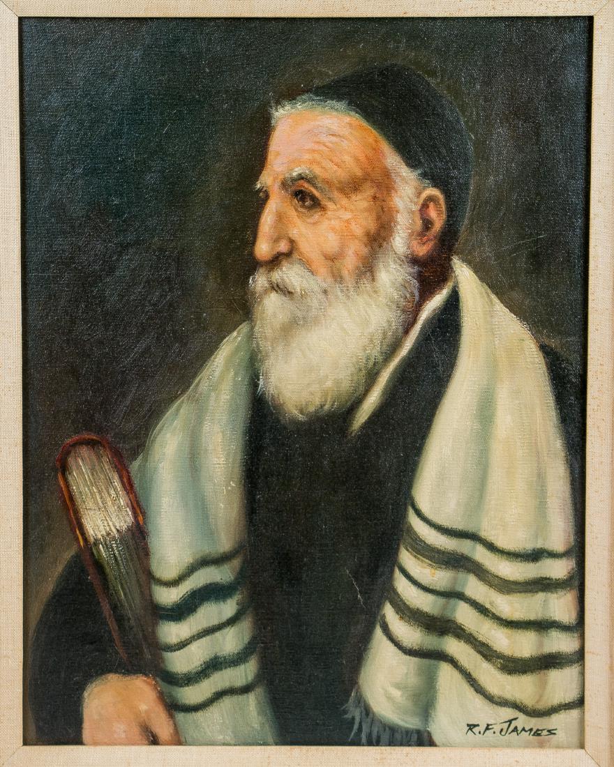 A OIL PAINTING OF A RABBI IN A TALLIS BY R.F. JAMES. (1 of 1)