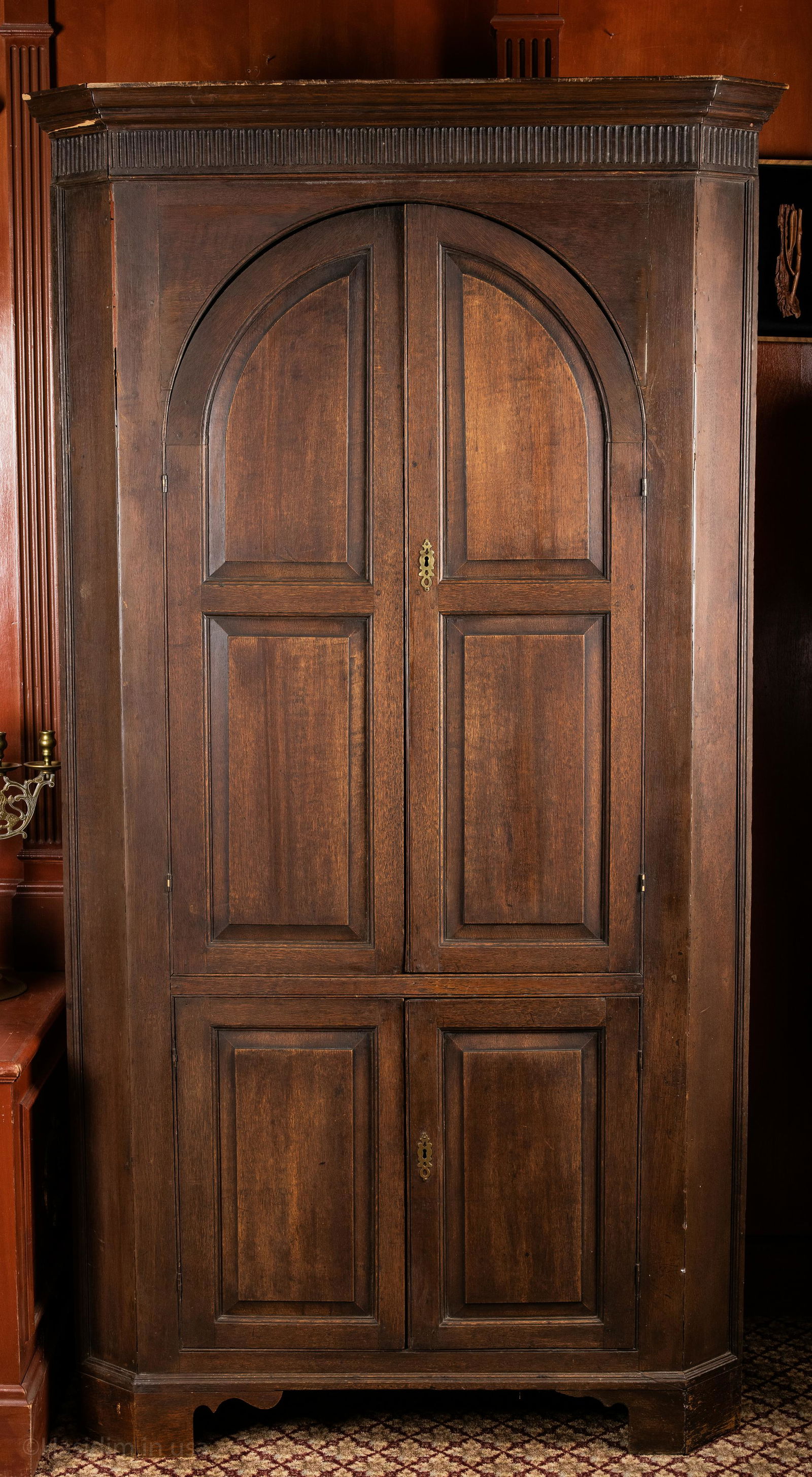 A LARGE ARON KODESH. Baltimore, 19th century: A LARGE ARON KODESH. Baltimore, 19th century. Hand crafted for wall inlay. Domed interior with gilded painting. Upper doors open to reveal a chamber for the main torah and two smaller torahs on either