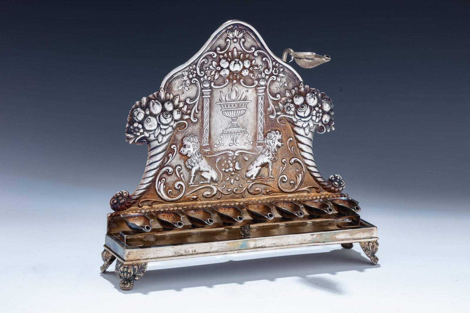 A SILVER HANUKKAH LAMP BY LAZARUS POSEN. (1 of 1)