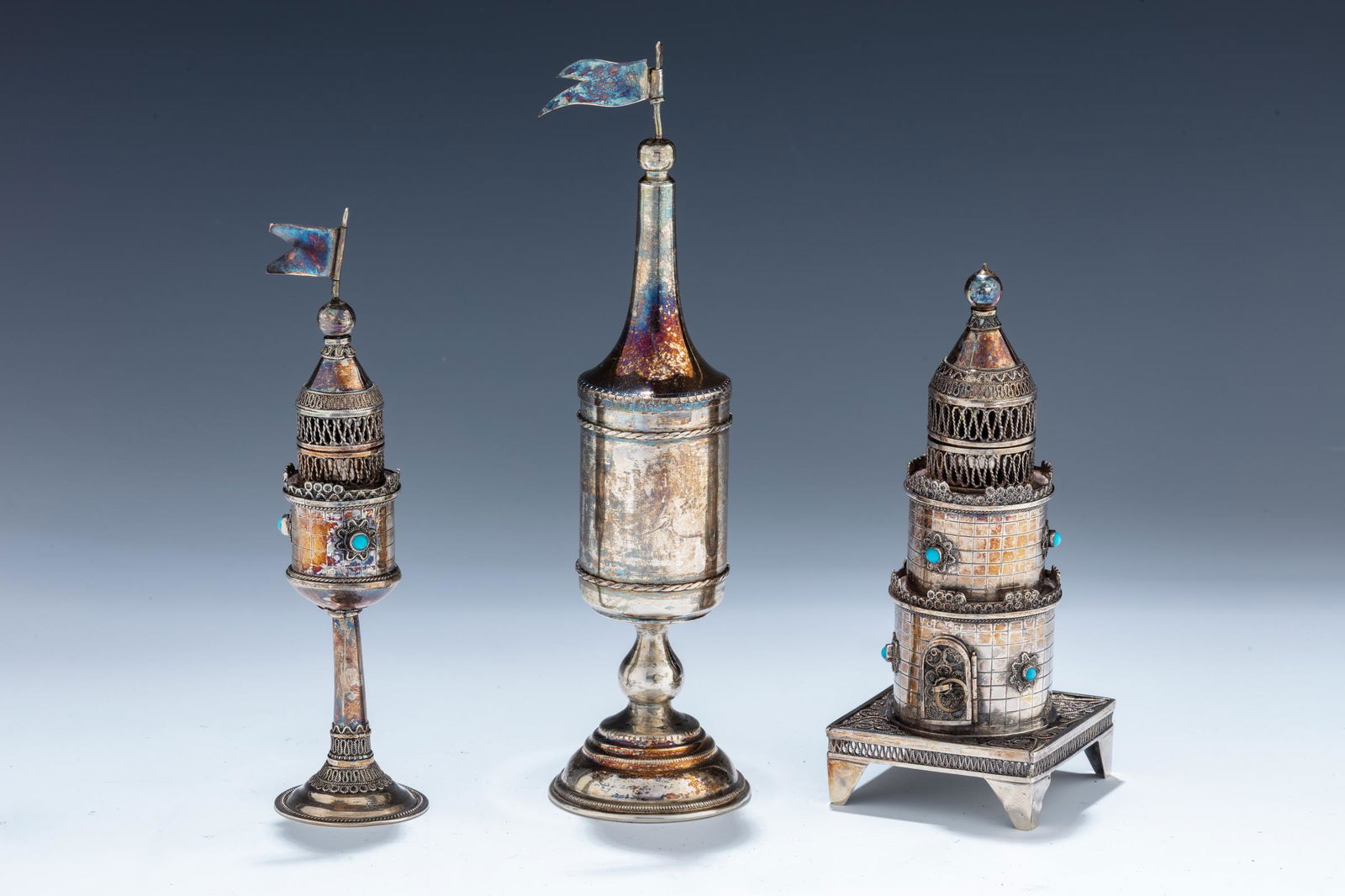 A GROUP OF THREE STERLING SILVER SPICE BOXES.  Israel, (1 of 1)