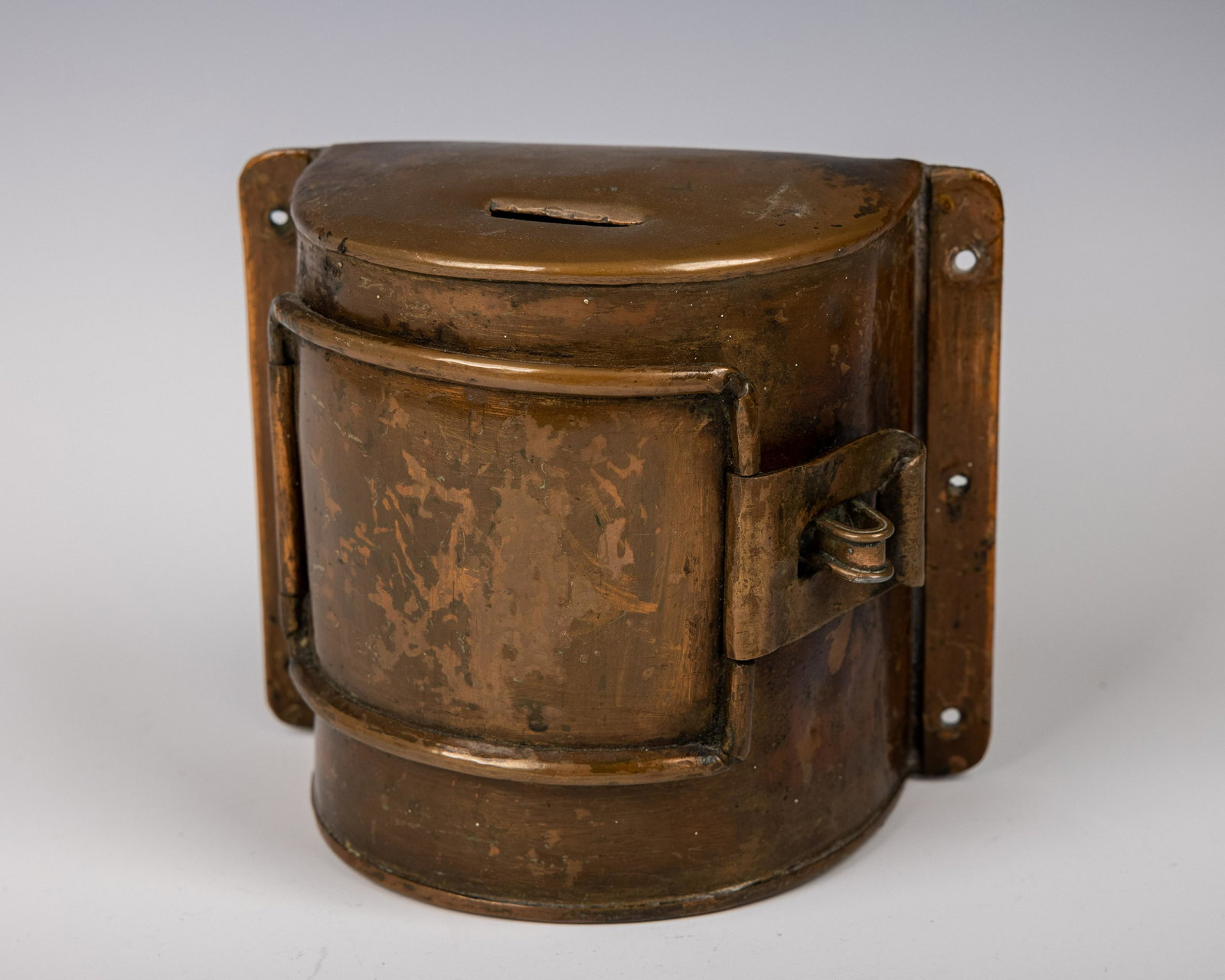 COPPER CHARITY BOX. American circa 1920. For wall mounting. Hand wrought and opening front door. (1 of 1)