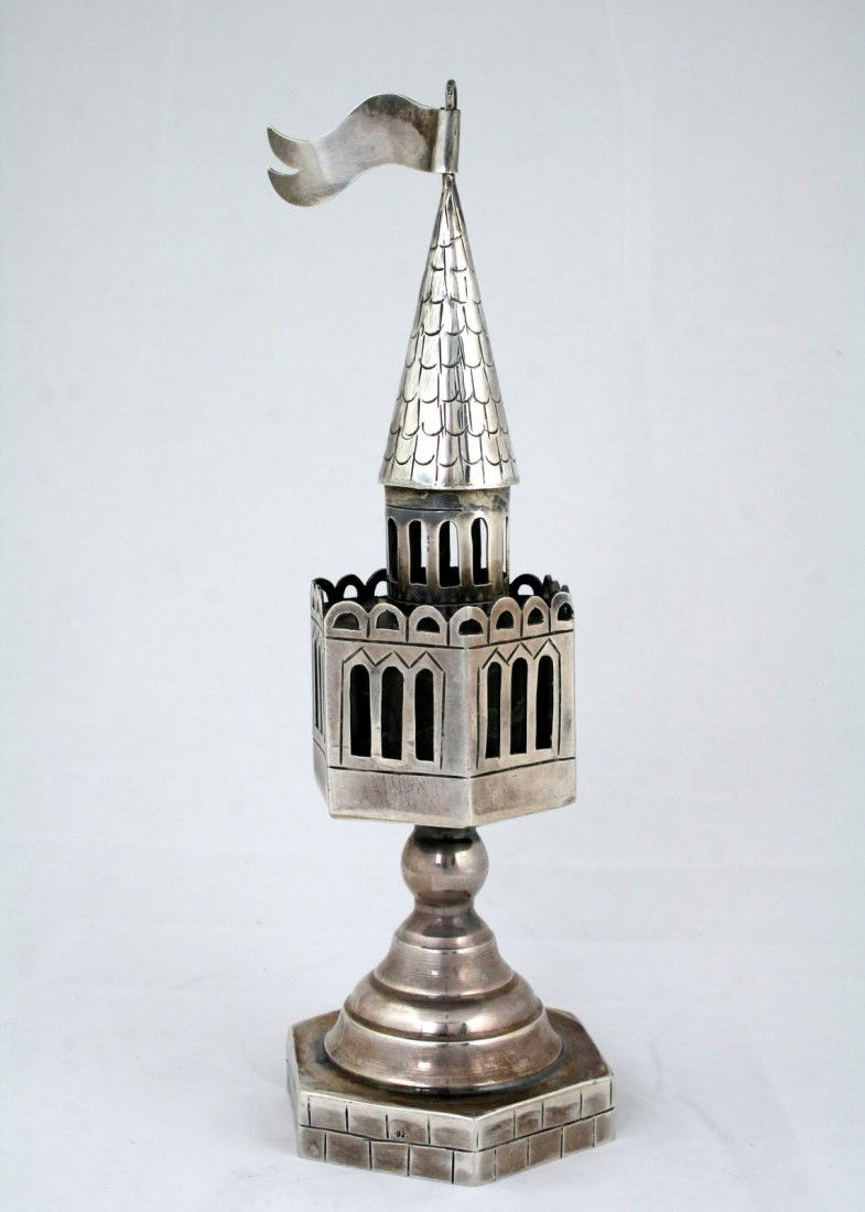 AN ARTISAN STERLING SILVER SPICE TOWER. 20th centur: AN ARTISAN STERLING SILVER SPICE TOWER. 20th century. Hand wrought in castle shape. Decorated with brick work. Marked 925. 9.5" tall.