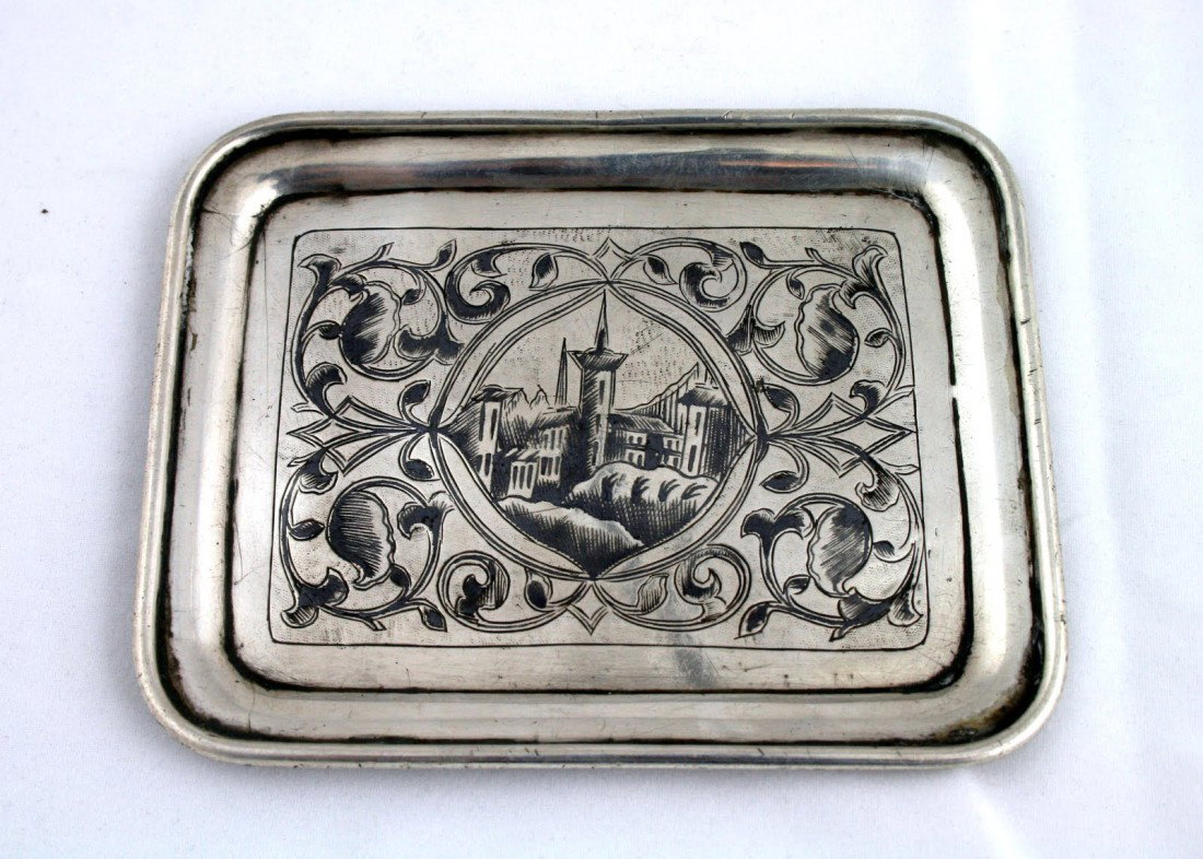 A SQUARE NIELLO TRAY. Russian, 1859.: A SQUARE NIELLO TRAY. Russian, 1859. Decorated with scene and typical niello décor. Marked. 4.2" wide.