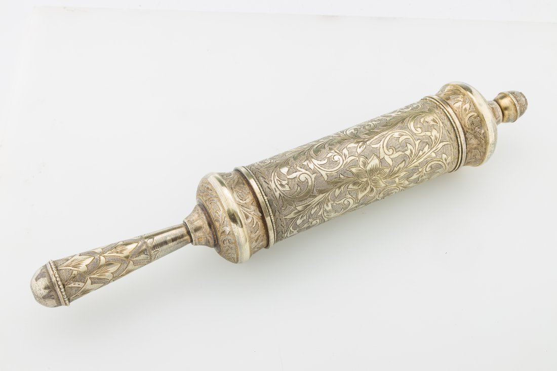 A PARCEL GILT MEGILLAH CASE WITH THE ORIGINAL MEGILLAH (1 of 1)