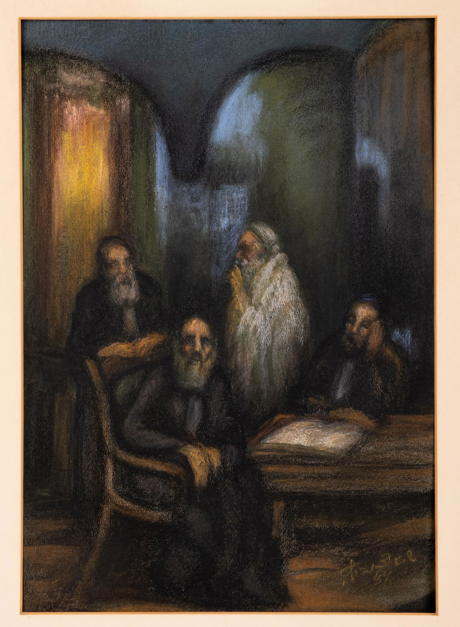 A GOUACHE ON PAPER OF FOUR JEWISH MEN LEARNING AT NIGHT (1 of 1)