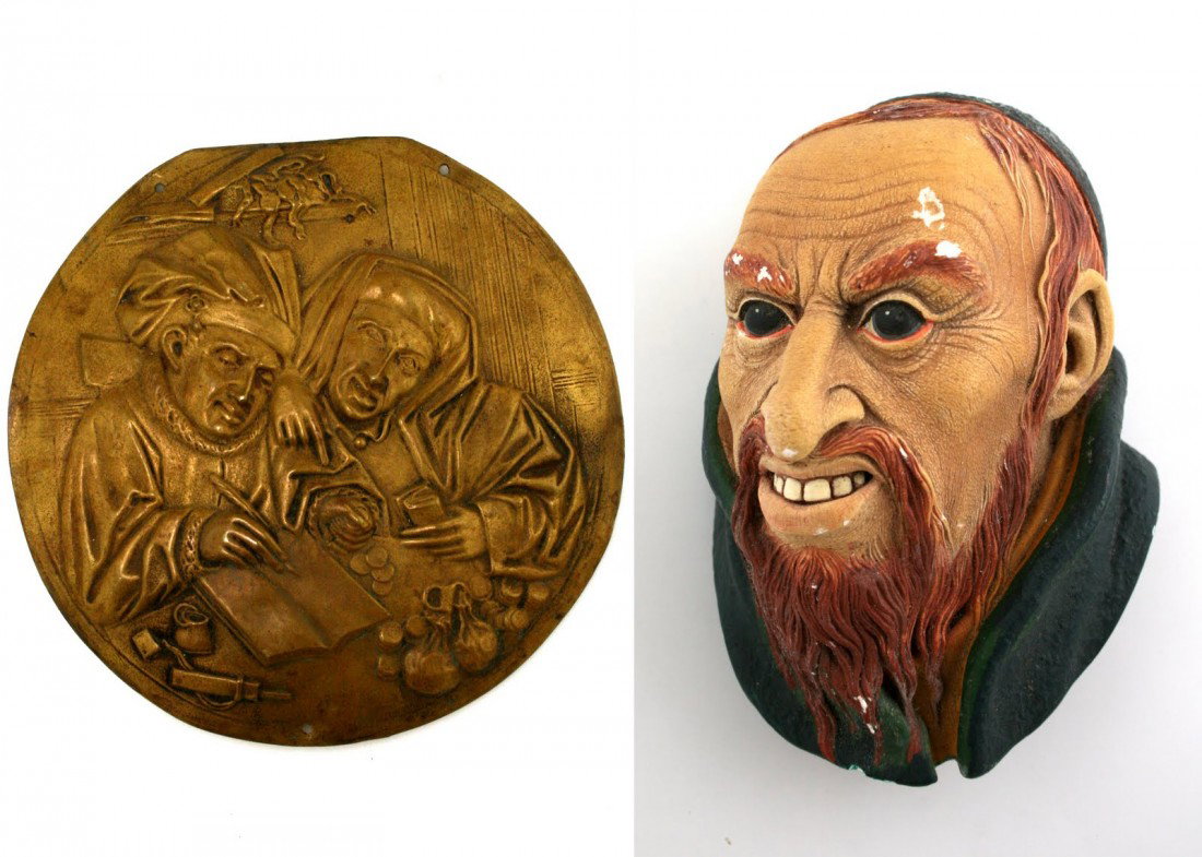 A BRASS RELIEF OF THE JEWISH MONEYLENDER.: A BRASS RELIEF OF THE JEWISH MONEYLENDER. Possibly German, c.1900. Chased with a scene of a Jewish man loaning money while the recipient is signing for it. 8.5” wide. Accompanied by a plaster model