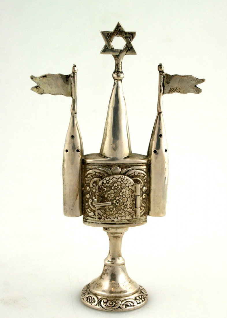 A SILVER SPICE TOWER. Germany, c. 1910.: A SILVER SPICE TOWER. Germany, c. 1910. On round base with flat tower shaped body that connects to two flags and a Jewish Star. 6.2” tall.