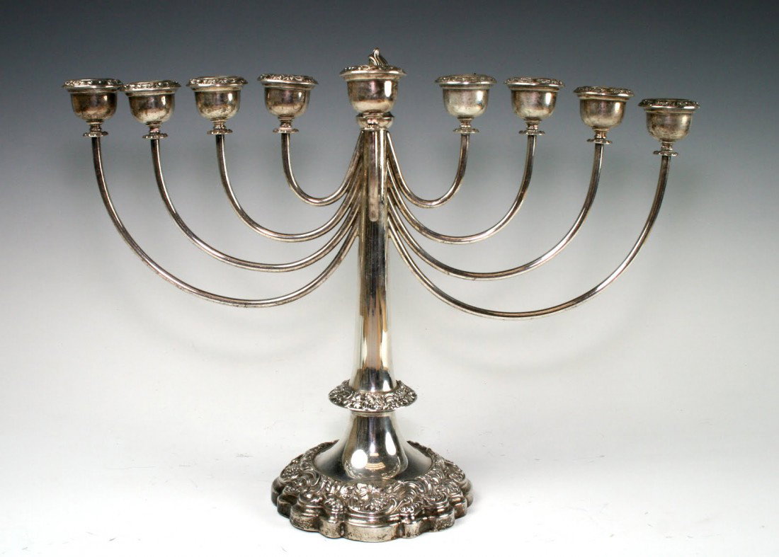 A MONUMENTAL SILVER MENORAH. Birmingham, c.1900.: A MONUMENTAL SILVER MENORAH. Birmingham, c.1900. In traditional shape. 16" across. Marked