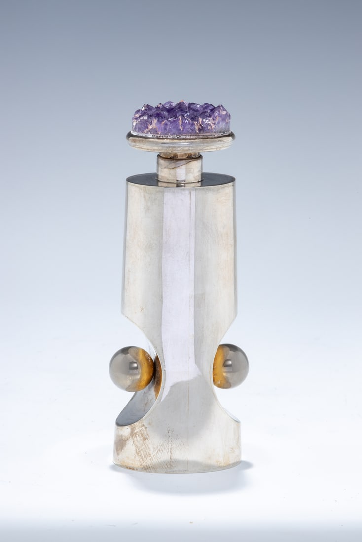 A STERLING SILVER SPICE CONTAINER BY CARMEL SHABI. Israel, 1990. Bottle form with the spherical (1 of 1)