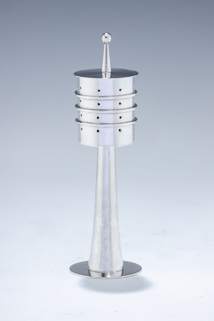 A STERLING SILVER SPICE TOWER BY DAVD HEINZ GUMBEL. Israel, c. 1980. Modernist form. With a round (1 of 2)