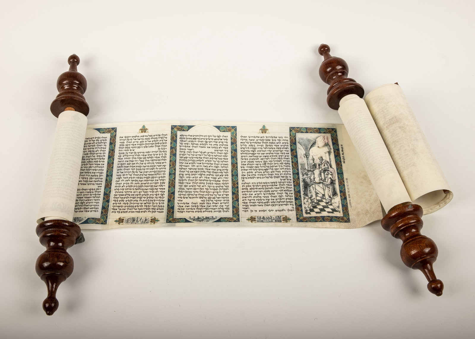 TWO PRINTED MEGILLOT ESTHER: Israel, c.2000. Each on wooden rollers. Decorated throughout. Each 14" tall, 6" scroll