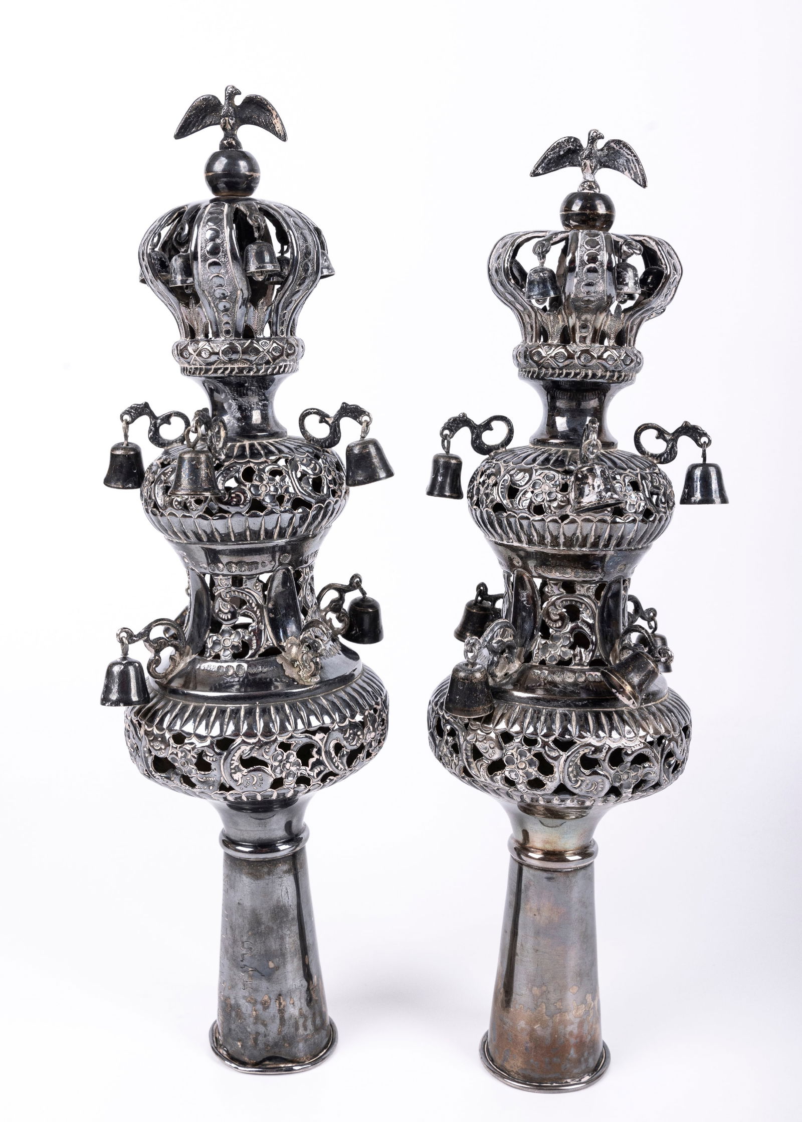 A PAIR OF STERLING SILVER TORAH FINIALS. American, c. 1960. In traditional style. 15.4" tall. (1 of 1)
