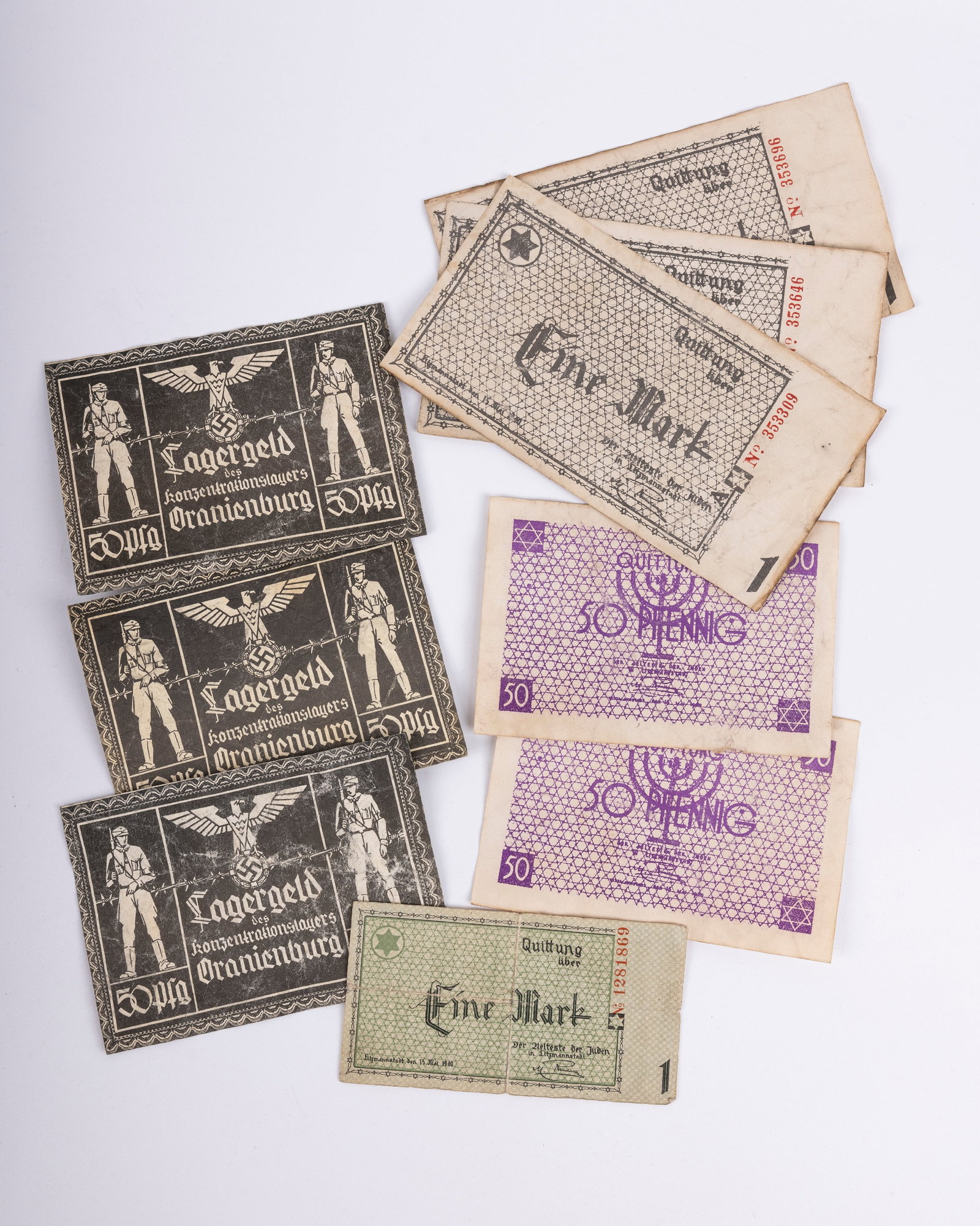 A GROUP OF EIGHT PIECES OF GHETTO MONEY. Under Nazi Germany, c. 1941. Eight pieces of various: A GROUP OF EIGHT PIECES OF GHETTO MONEY. Under Nazi Germany, c. 1941. Eight pieces of various denominations and values.