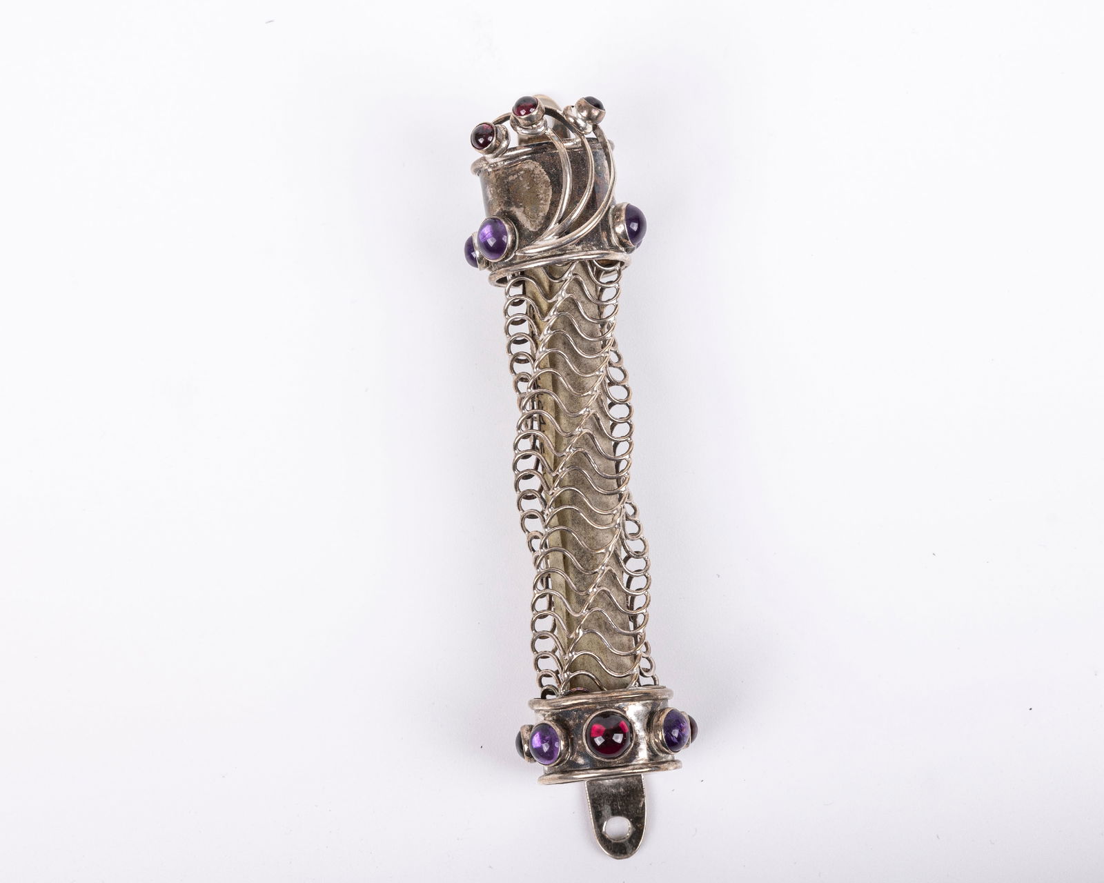 A GILDED SILVER AND STONE MEZUZAH CASE. Probably Israel, modern. Hand made with applied polished (1 of 1)