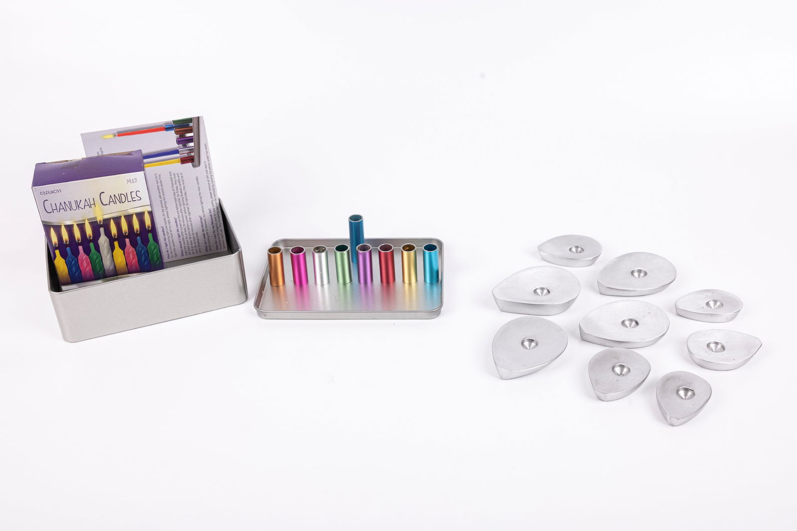 TWO MODERN ALUMINUM MENORAHS. The first is a multicolor magnetic assemblage of colored aluminum (1 of 1)