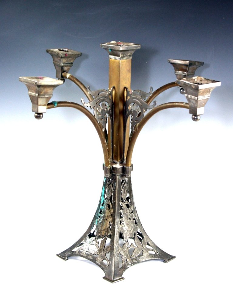 A LARGE SILVERPLATED CANDELABRUM. New York, c. 191: A LARGE SILVERPLATED CANDELABRUM. New York, c. 1912. Engraved on base. Presented by the Hebrew Violin Association 1912. 17” tall.