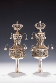 A PAIR OF EARLY SILVER TORAH FINIALS. Berlin, 1832. Classical form. On tubular staves. The main body (1 of 1)