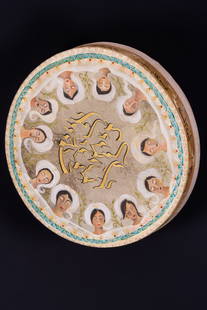 THE ELEVEN WOMEN DRUM BY SHIRA HAIVRI. Jerusalem, 2023.  Made from parchment. This piece is about: THE ELEVEN WOMEN DRUM BY SHIRA HAIVRI. Jerusalem, 2023. Made from parchment. This piece is about the 11 'Besamim', (spices of the ktoret used in the Holy temple). There are 11 women figures painted, s