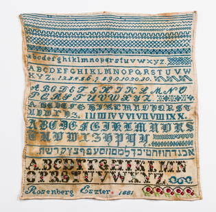 A RARE AMERICAN NEEDLEPOINT SAMPLER.1881. Consisting of multiple versions of the alphabet. Also: A RARE AMERICAN NEEDLEPOINT SAMPLER.1881. Consisting of multiple versions of the alphabet. Also inscribed with the Hebrew Alef