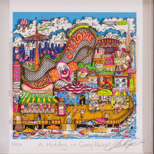 Charles Fazzino, American (Born 1955) 3D Silkscreen Serigraph. "A Hotdog in Coney Island". Signed,: Charles Fazzino, American (Born 1955) 3D Silkscreen Serigraph. "A Hotdog in Coney Island". Signed, Titled & Numbered 3/250 at The Bottom. Drawing & Dedication also by Fazzino on the Back, Signed & Dat