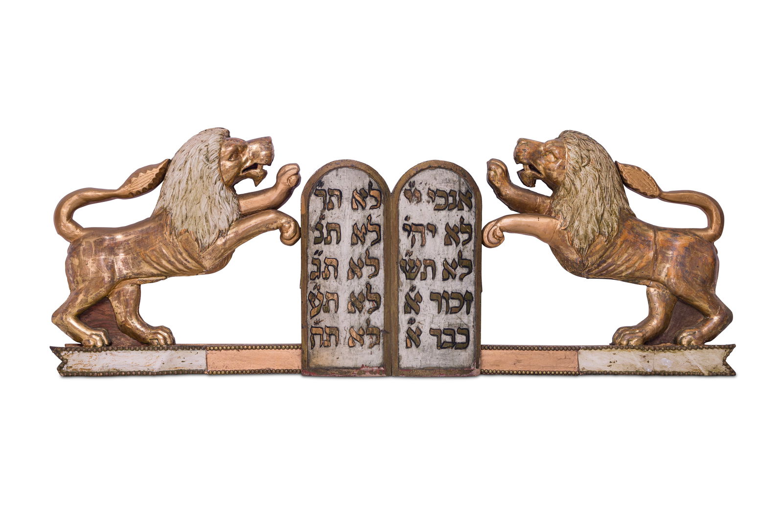 A LARGE PAIR OF HAND CARVED WOODEN LIONS FROM AN ARON KODESH. (1 of 1)