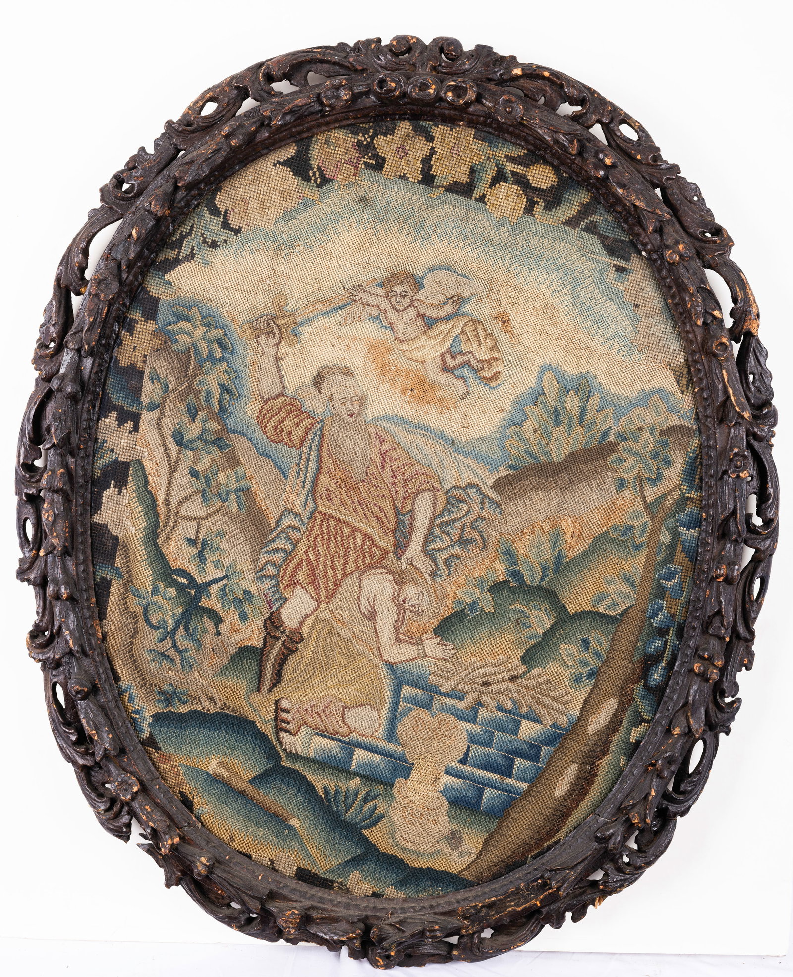 AN EARLY BIBLICAL TAPESTRY. Probably England, c. 1800 . Hand woven in good condition. The scene: AN EARLY BIBLICAL TAPESTRY. Probably England, c. 1800. Hand woven in good condition. The scene of the Sacrifice of Isaac. 27’5” x 21’5”.